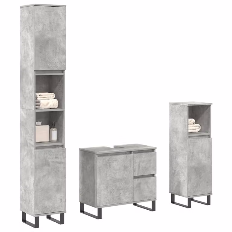 Set di mobili da bagno vidaXL 3 pezzi in legno e metallo grigio cemento con mobile lavabo, colonna alta e mobile laterale