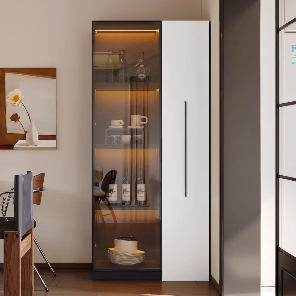Vetrina moderna in MDF con LED, anta in vetro e cassetto laterale per soggiorno e cucina, L 70 cm x P 40 cm x H 160 cm – 2