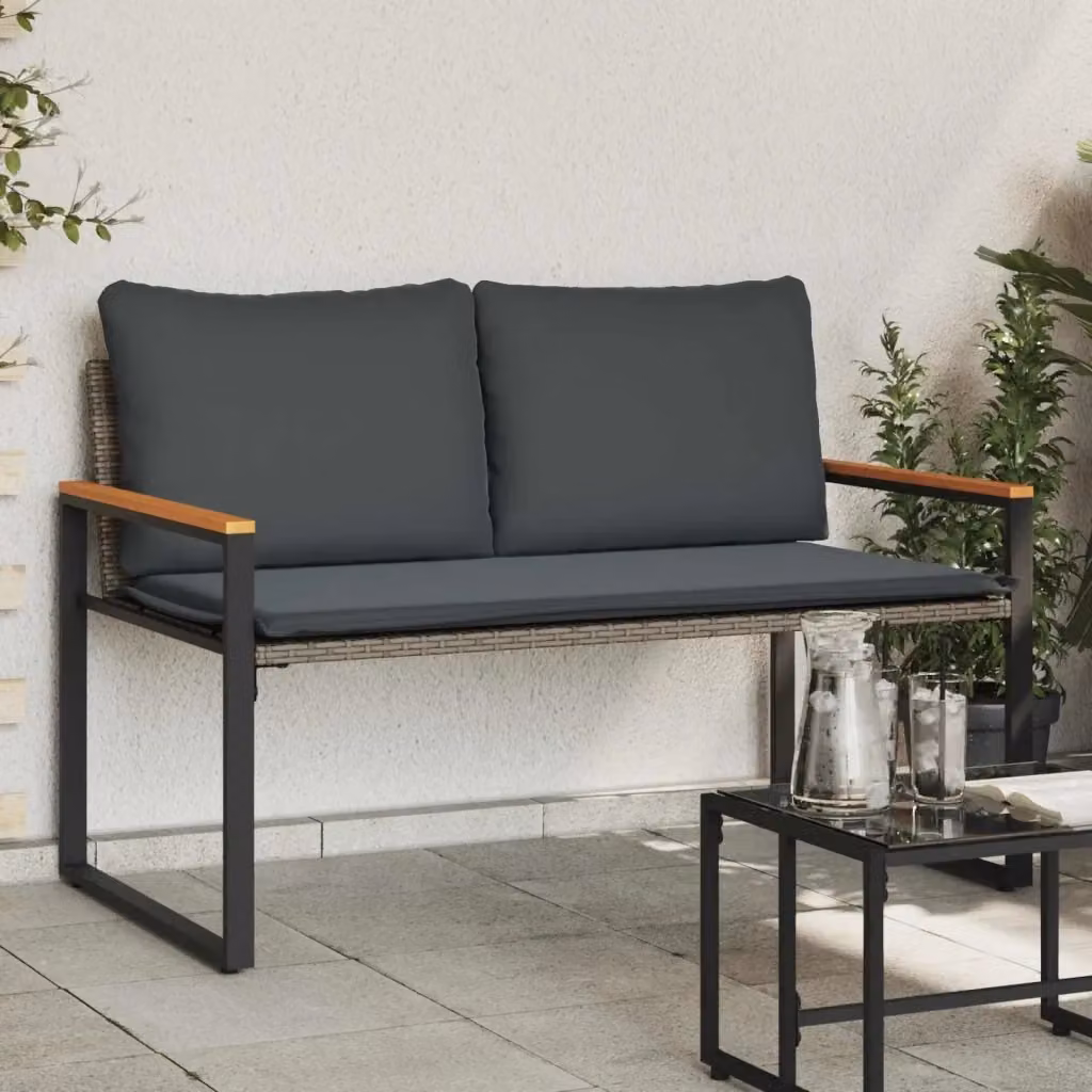Panca da giardino in rattan e legno di acacia con braccioli, grigio e nero, L: 115 cm, P: 65 cm, H: 72 cm – 2