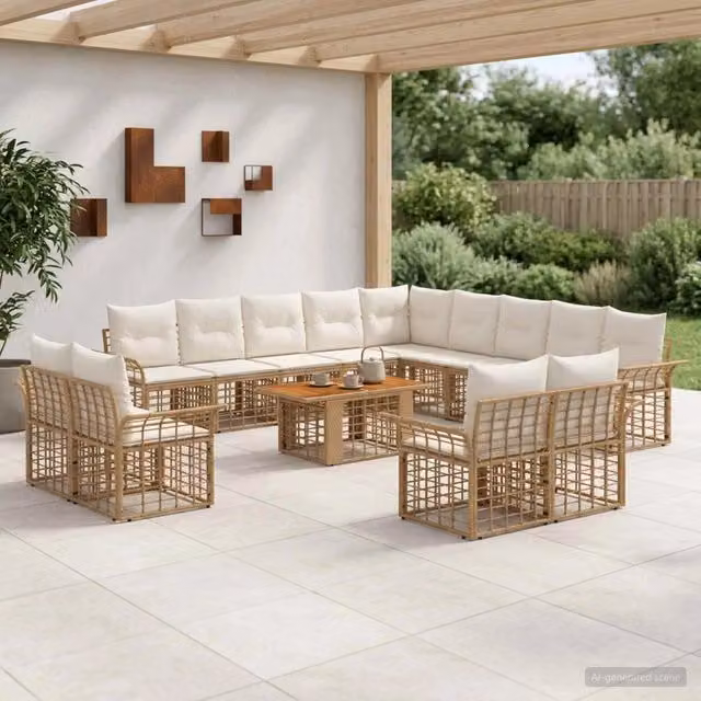 Set Divano da Giardino Moderno vidaXL in Polyrattan con Cuscini Beige e Bianco, Composizione a L con Tavolino da Caffè e Struttura in Metallo – 1
