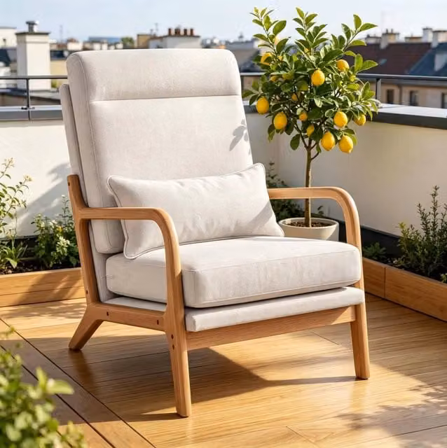 Poltrona lounge crema in tessuto effetto lino con schienale alto e supporto lombare, 64x86x93 cm