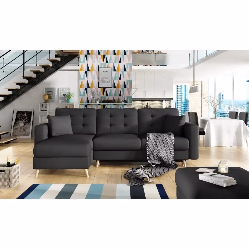 Divano angolare reversibile MEUBLORAMA nero con funzione letto e struttura in legno massiccio L/P/H: 248 x 162 x 93 cm – 2
