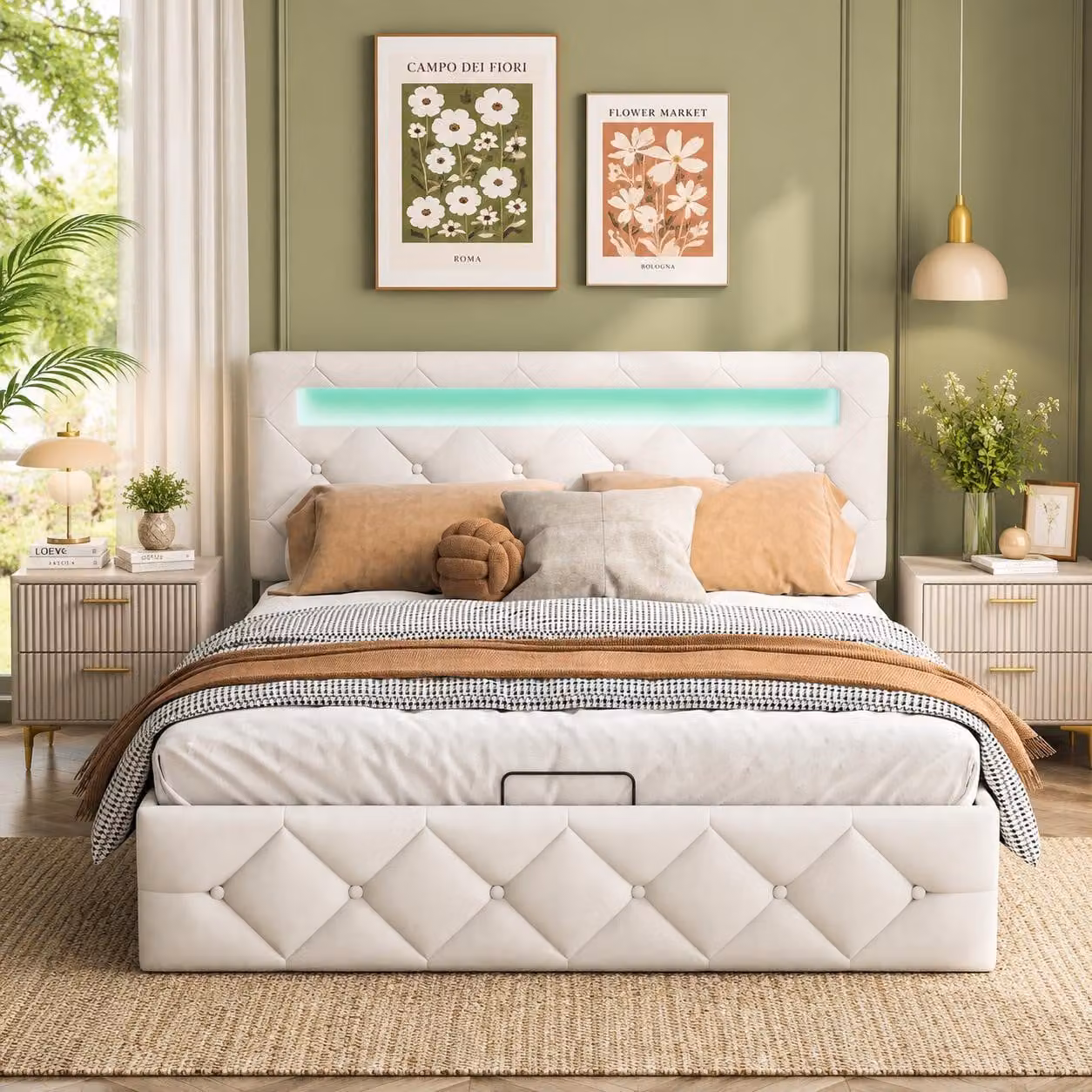 Letto imbottito con boxspring, dimensioni 140x200 cm, con spazio contenitore, letto a molle idraulico con luci LED, letto matrimoniale con rete a doghe e contenitore, rivestito in velluto bianco