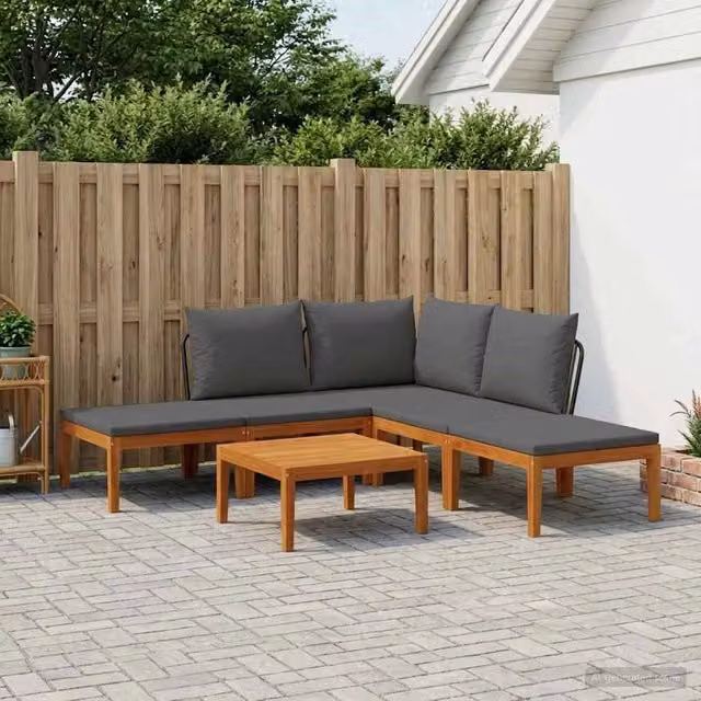 Set da giardino componibile a L vidaXL in legno di acacia con cuscini inclusi, composto da 6 pezzi con divano angolare, tavolino e pouf – 1