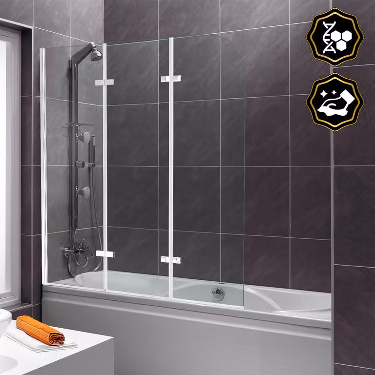 Pannello doccia Ikodm 120x140 cm per vasca da bagno, coprivasca, composto da 3 elementi pieghevoli, vetro temperato ESG da 6 mm, orientabile a 180°, rivestimento nanotecnologico, colore argento, trasparente