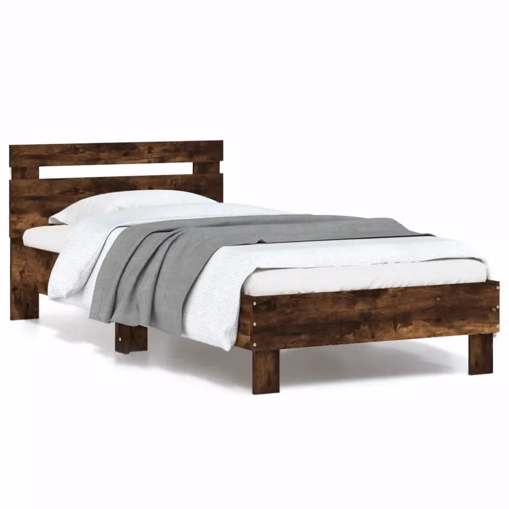 Letto singolo moderno con testiera, illuminazione LED sottostante e porta di ricarica USB in rovere fumo, L/P/H: 90 x 200 x 103 cm – 2