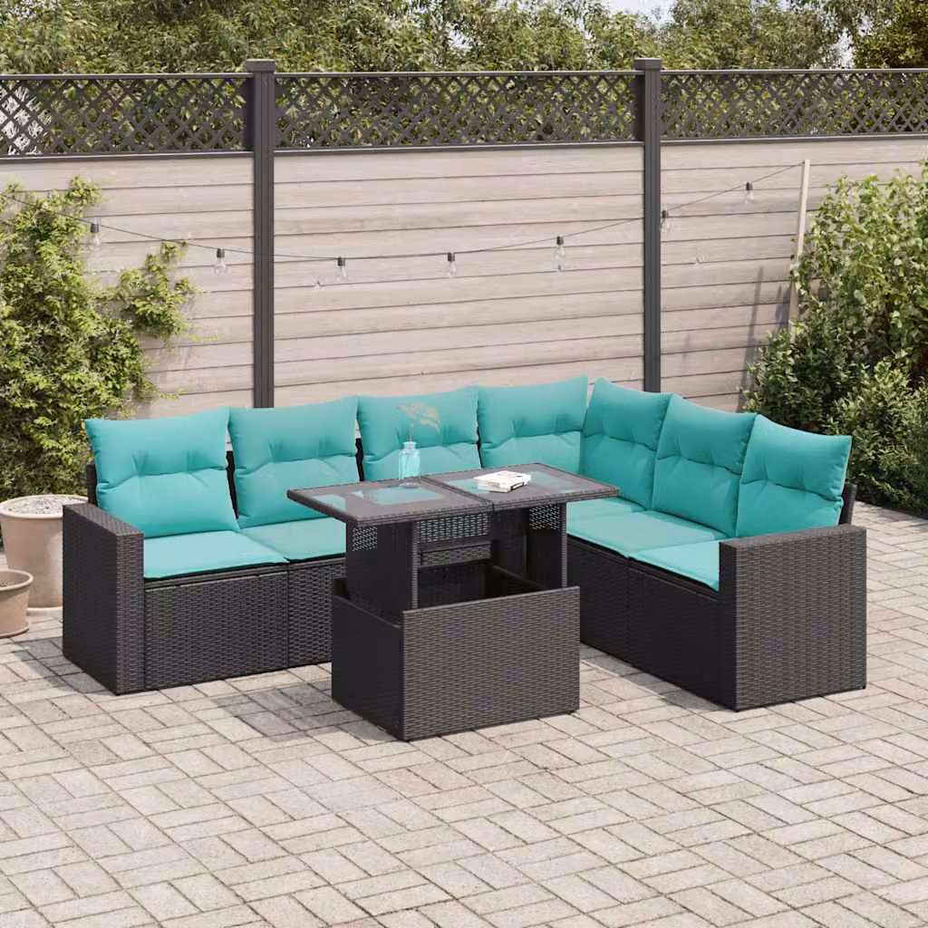 Set di divani da giardino vidaXL in 7 pezzi con cuscini, design a L in polyrattan nero e legno di acacia con tavolino da esterno