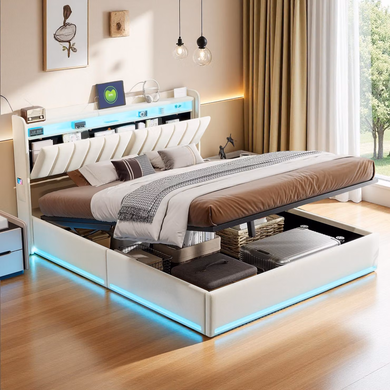 Letto matrimoniale ProximaX 160 x 200 cm di colore beige con porte USB e spazio per riporre le cose sulla testata - Letto matrimoniale moderno e morbido con spazio per riporre le cose