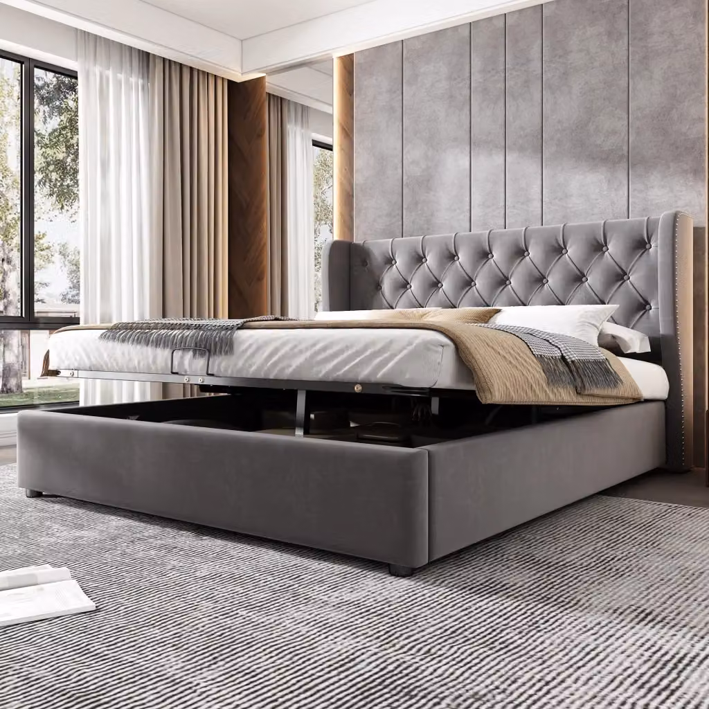 Letto contenitore matrimoniale OKWISH in velluto grigio con sistema di sollevamento idraulico, L 140 cm x P 190 cm – 2