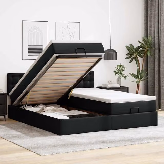 Letto con contenitore a sollevamento vidaXL in similpelle nero e bianco con materasso L: 180 cm, P: 200 cm, H: 203 cm