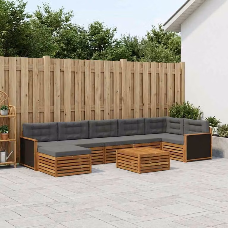 Set di divani da esterno vidaXL a forma di L composto da 8 pezzi in legno di acacia con cuscini, colore naturale e antracite
