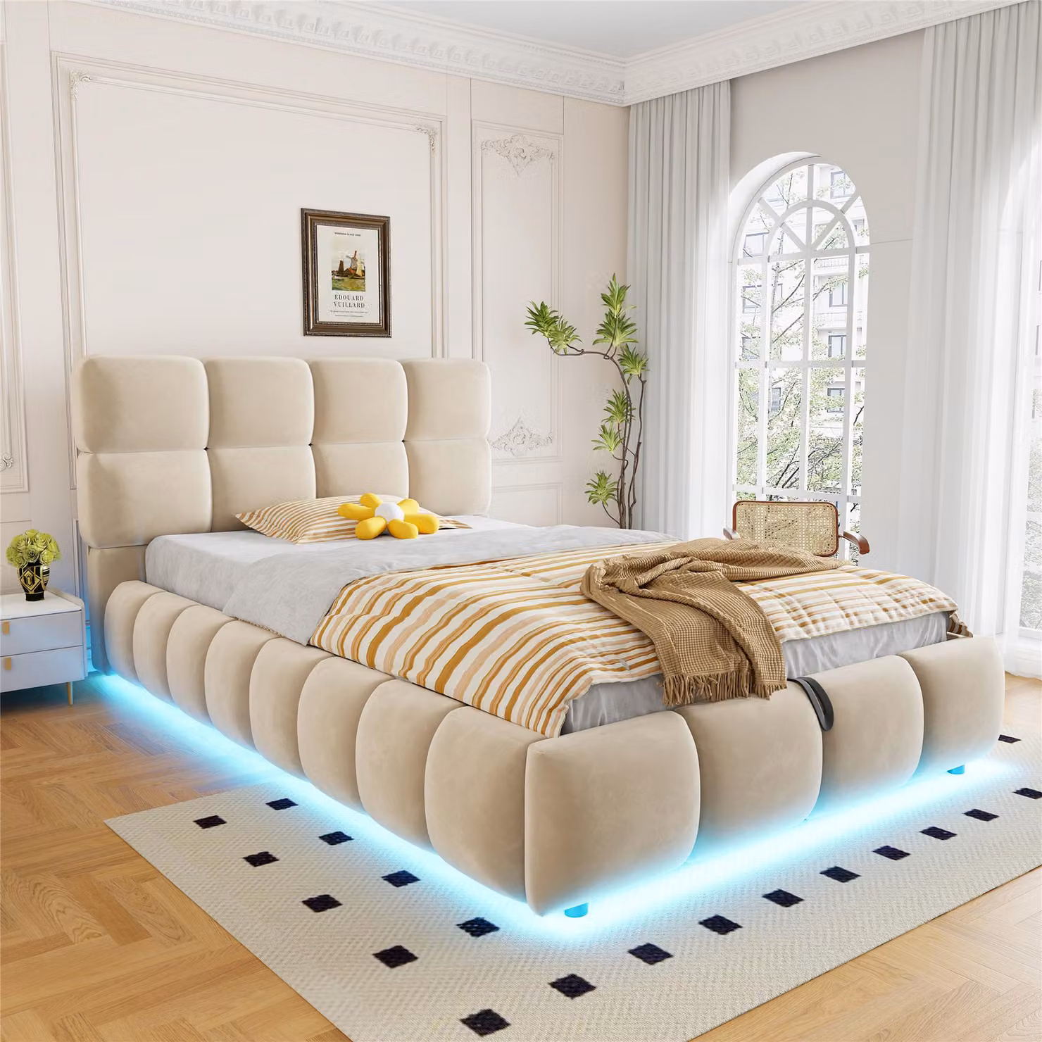 Letto imbottito STILVORA, 90x200 cm, completo di materasso. Struttura del letto con illuminazione a LED e spazio contenitore ad apertura idraulica. Letto per ragazzi con testiera e fiancate. Letto rivestito in velluto, con struttura robusta