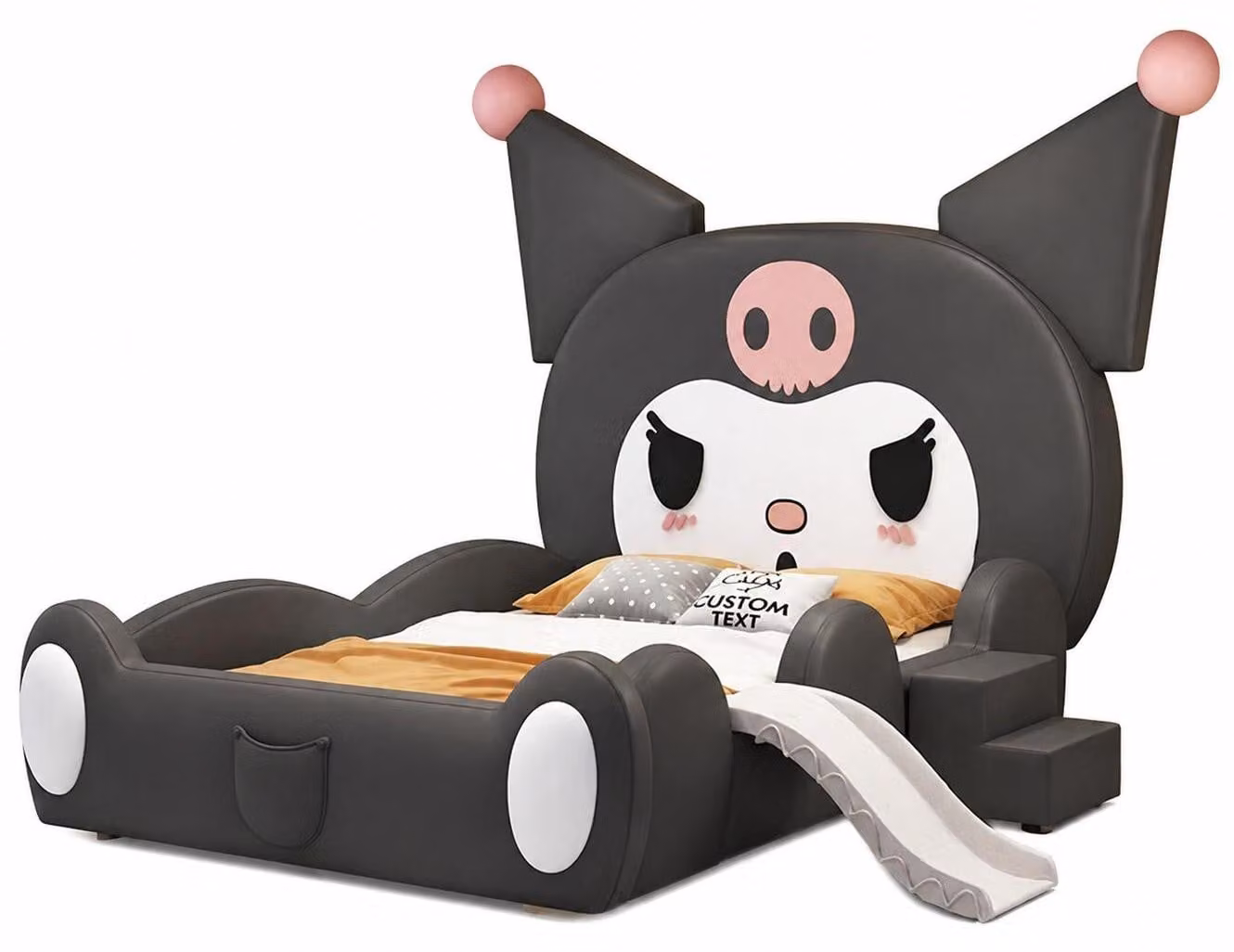 Letto per bambini nero a tema Kuromi, con scivolo e scaletta, mobili per bambini