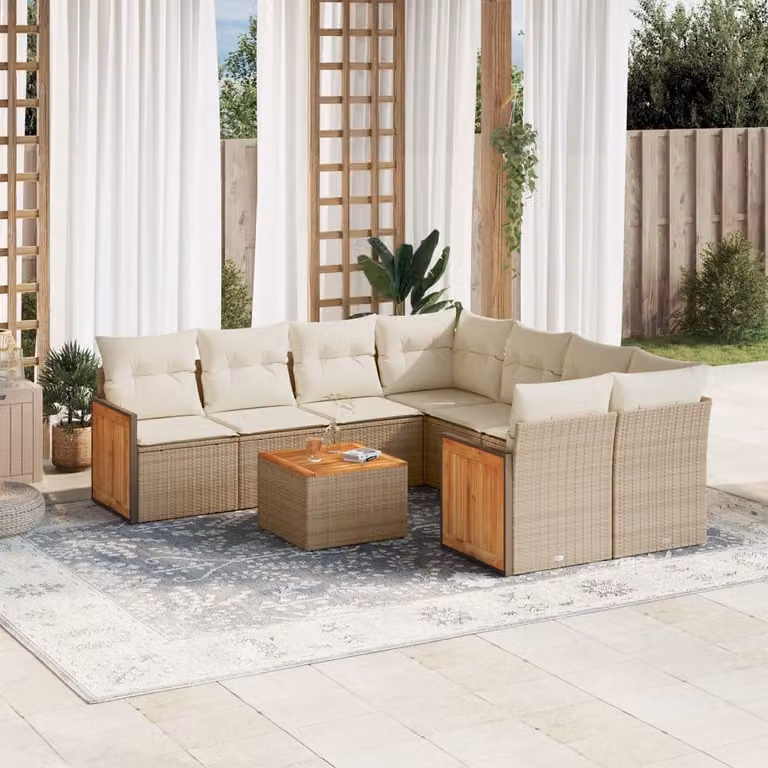 vidaXL Set Divano da Giardino a L 9 pz in Polyrattan con Cuscini Beige e Tavolino da Caffè