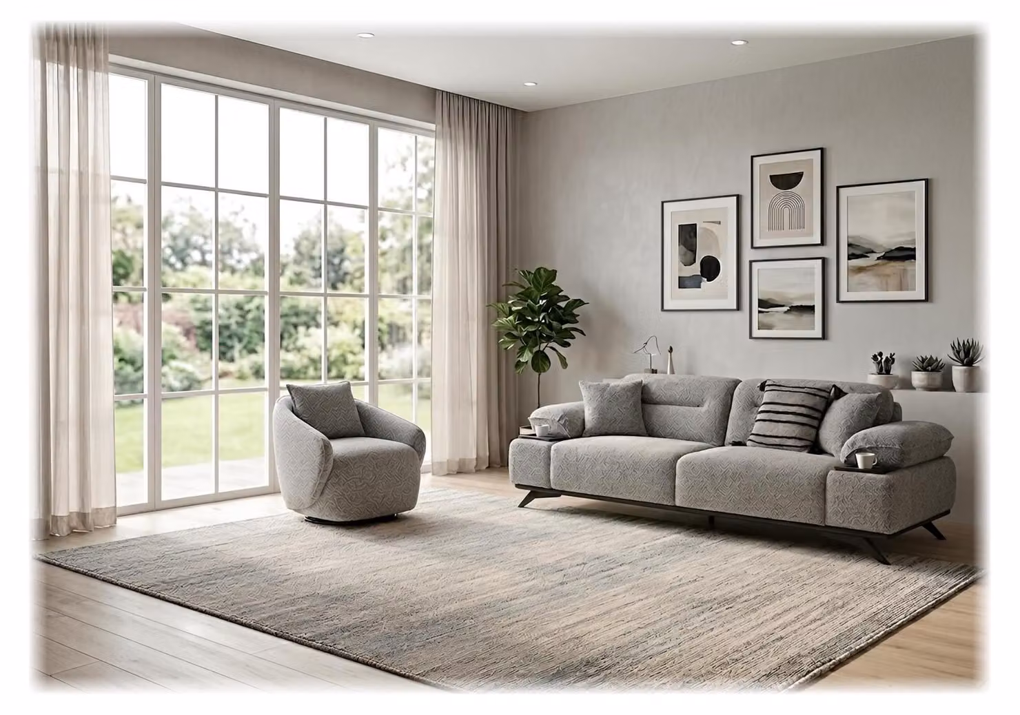 Set divano e poltrona, design moderno, grigio, elegante, lussuoso, completo per soggiorno