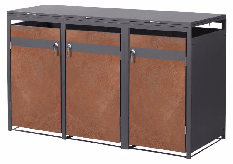 Contenitore per bidoni della spazzatura ML-Design, modello per 3 bidoni, capacità 240 litri ciascuno, dimensioni 200x80x120 cm, finitura effetto ruggine antracite, acciaio, resistente agli agenti atmosferici, rivestimento per bidoni della spazzatura con c