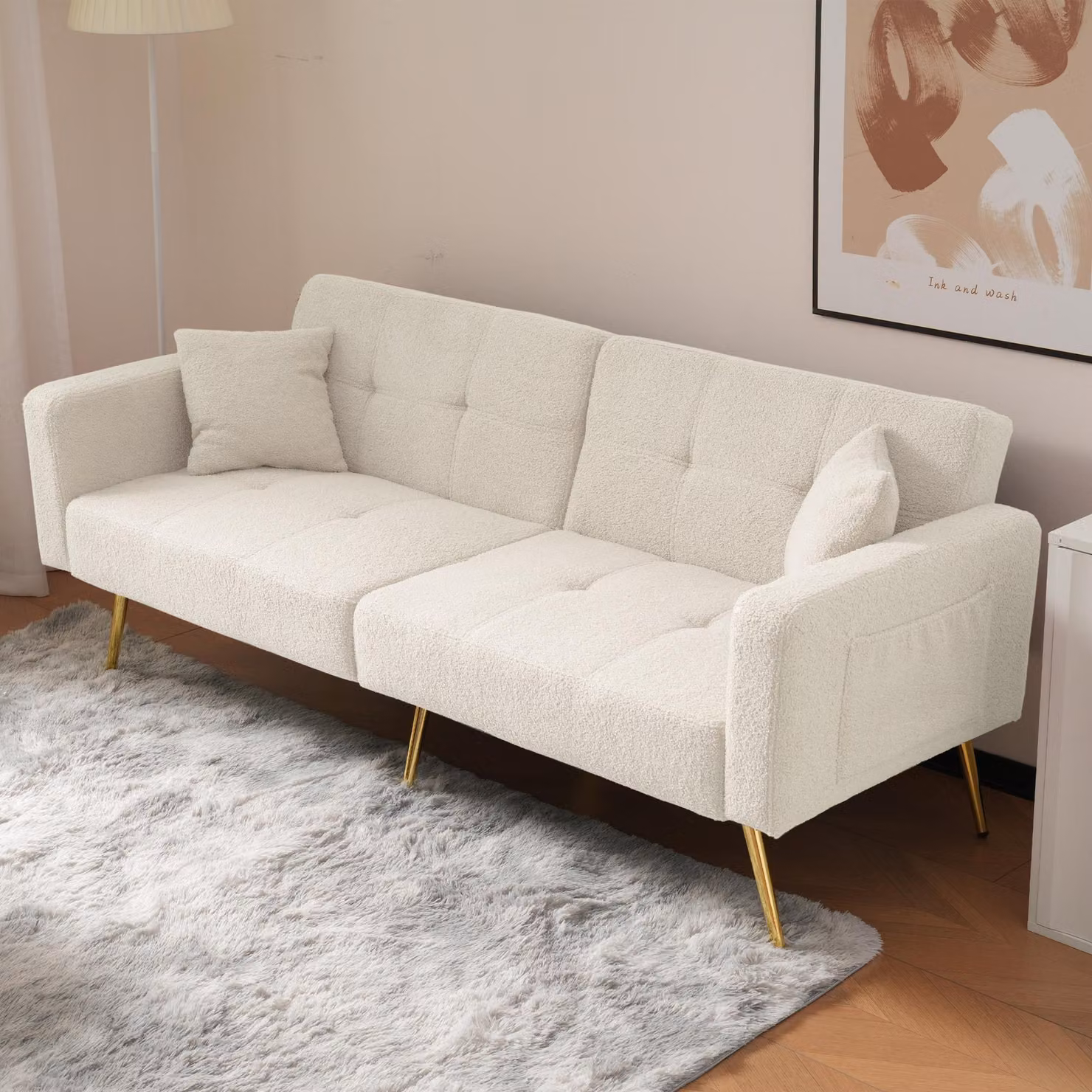 Divano letto ZR Home moderno con rivestimento in sherpa e gambe dorate, Bianco, L: 175 cm, P: 64 cm, H: 72 cm – 2