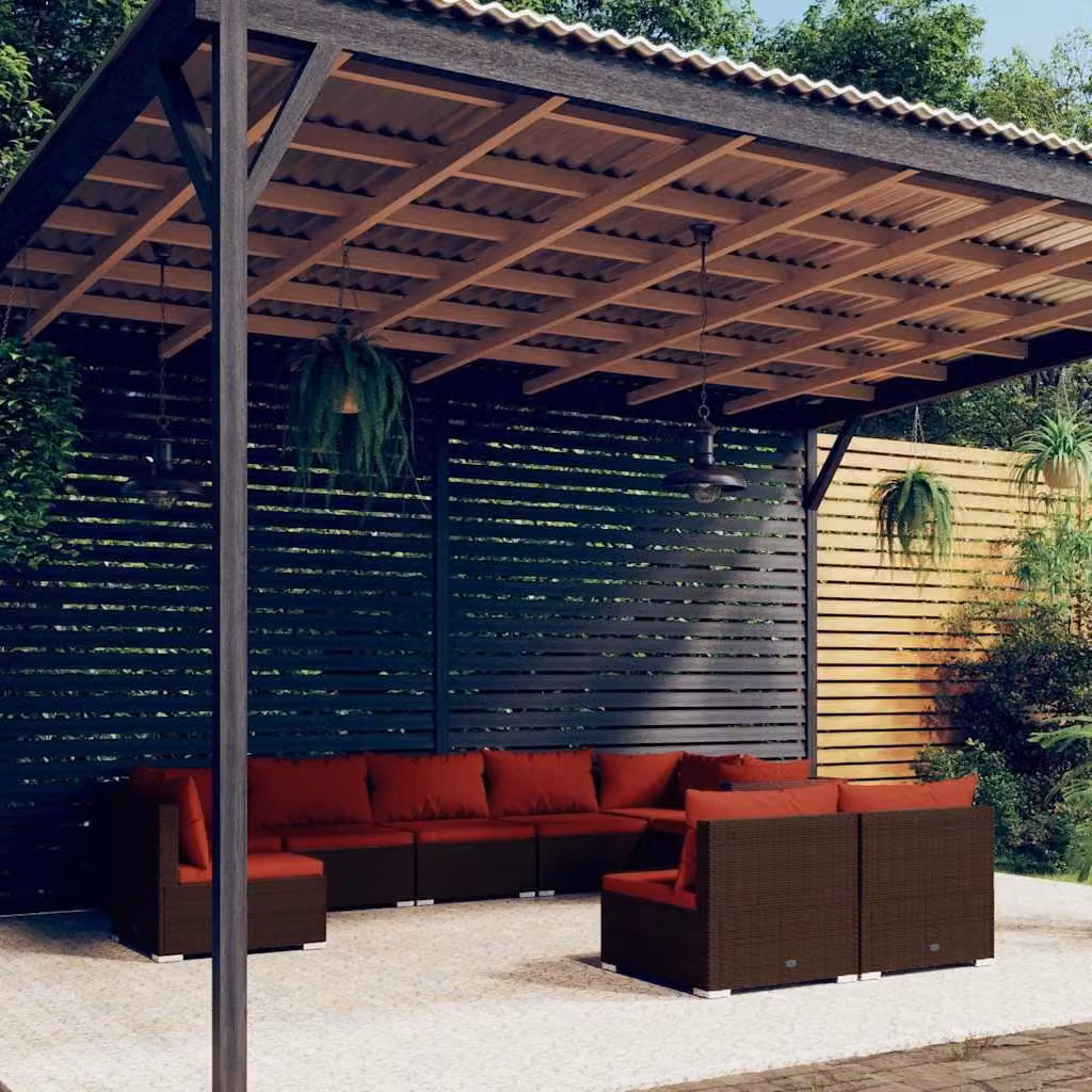 Set di divani da giardino vidaXL 9 pz a forma di U in rattan marrone con cuscini imbottiti e coperture rimovibili