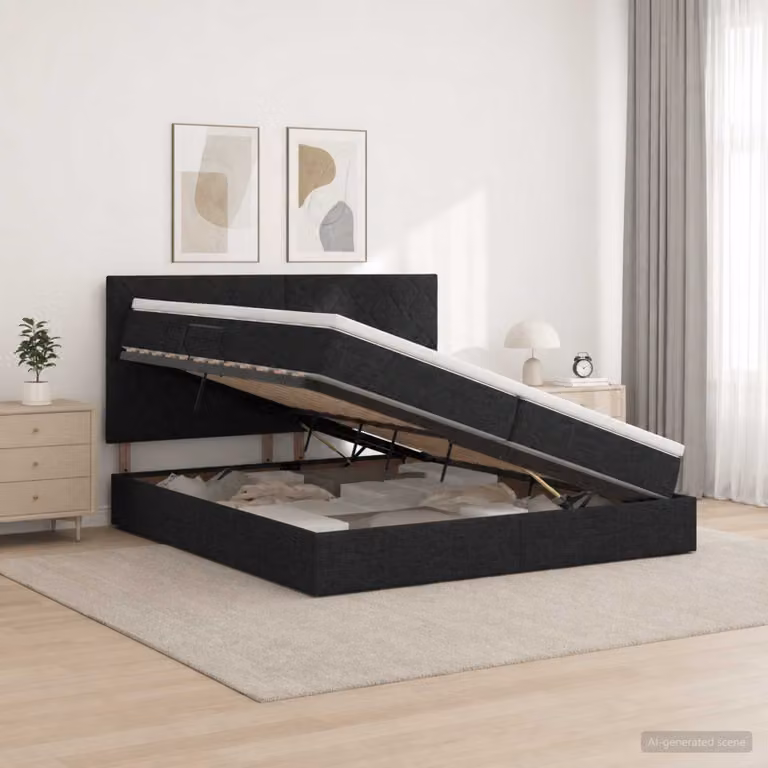 Letto con contenitore vidaXL in tessuto nero con illuminazione LED e porta USB, L/P/H: 200 x 200 x 140 cm