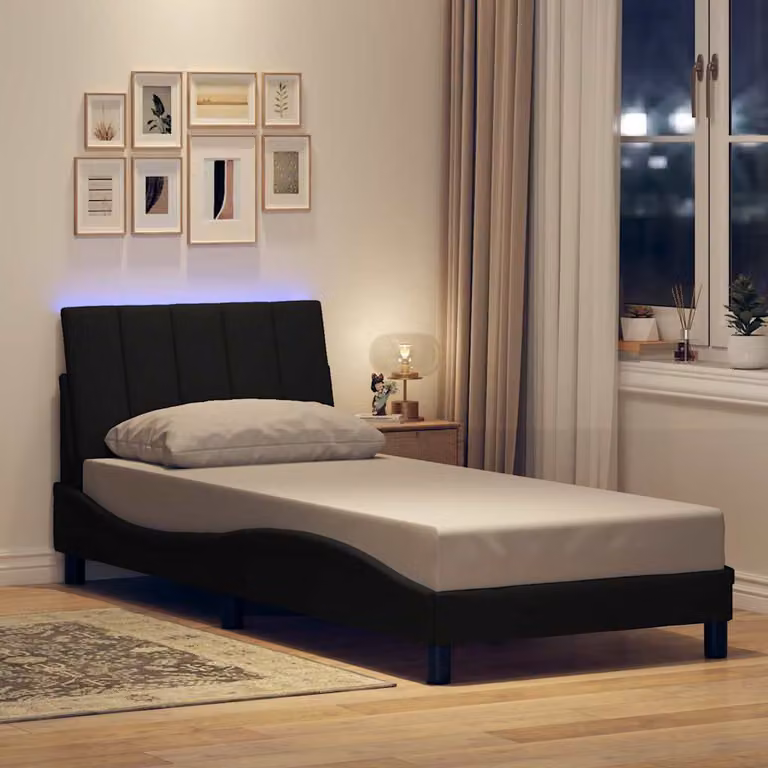 vidaXL Giroletto Hanko Nero con Tessuto e Illuminazione Sotto il Letto e Porta USB L: 200 cm, P: 80 cm