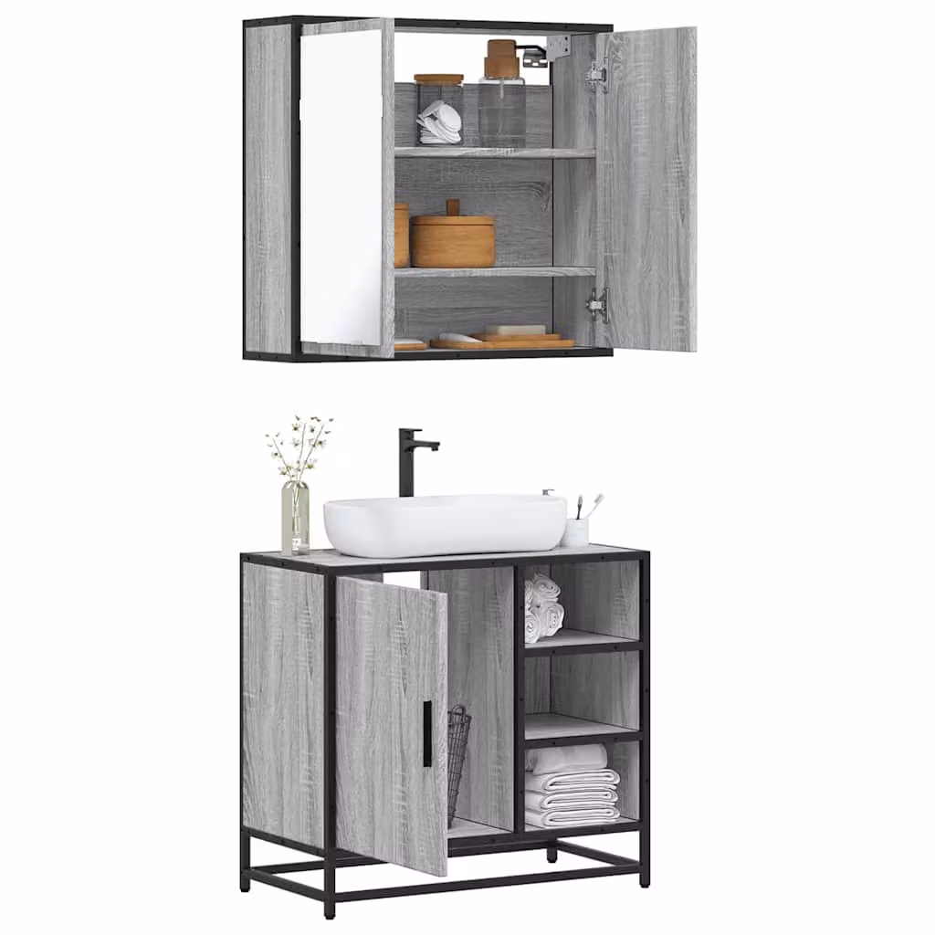 Set di mobili da bagno vidaXL in stile industriale composto da mobile lavabo e pensile con specchio, colore grigio, in legno e metallo