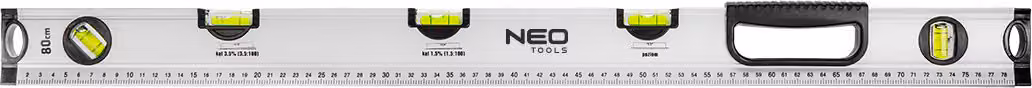 NEO TOOLS livella speciale lunga 60/80/100 cm, larga 30 mm, alta 6 cm, 5 livelle, vari angoli, 0°, 1,5°, 3,5°, 45°, 90°, base tubolare, precisione ±0,5 mm/m (80 cm)