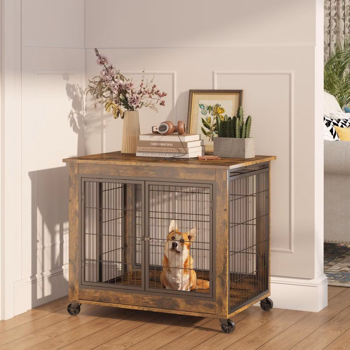 Trasportino per cani in stile mobile Cuccia in legno Tavolo 80x56x69,5 cm Doppia porta Tetto apribile Rotelle Cuccia per cani Interno Vintage Marrone