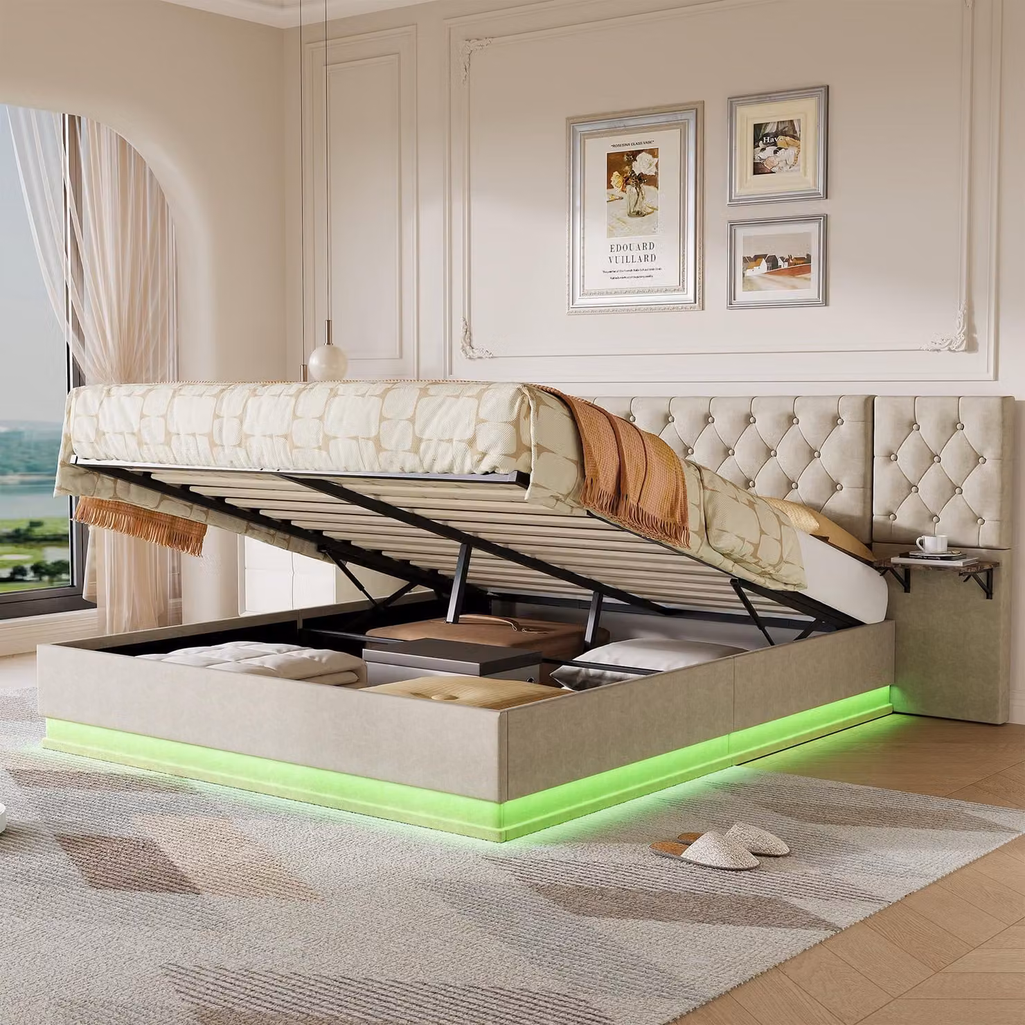 Letto imbottito REMZETTA, 140 x 200 cm, per adulti, con contenitore, rete a molle idraulica, luci LED RGB, porta USB-C, ricarica wireless e ripiani, color beige