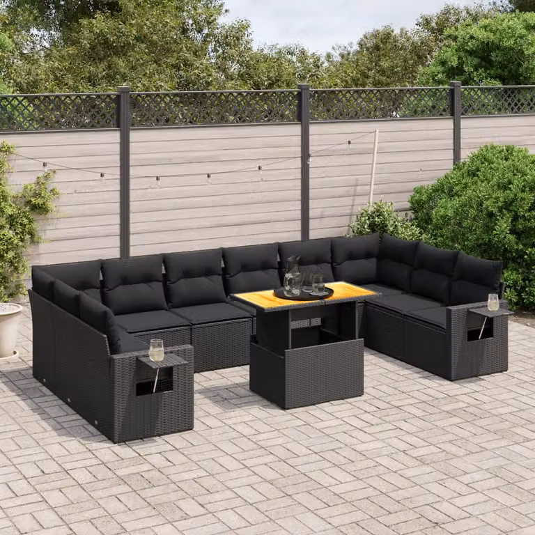 vidaXL Set Divani da Giardino 11 pz in Polyrattan Nero con Cuscini e Tavolino da Esterno