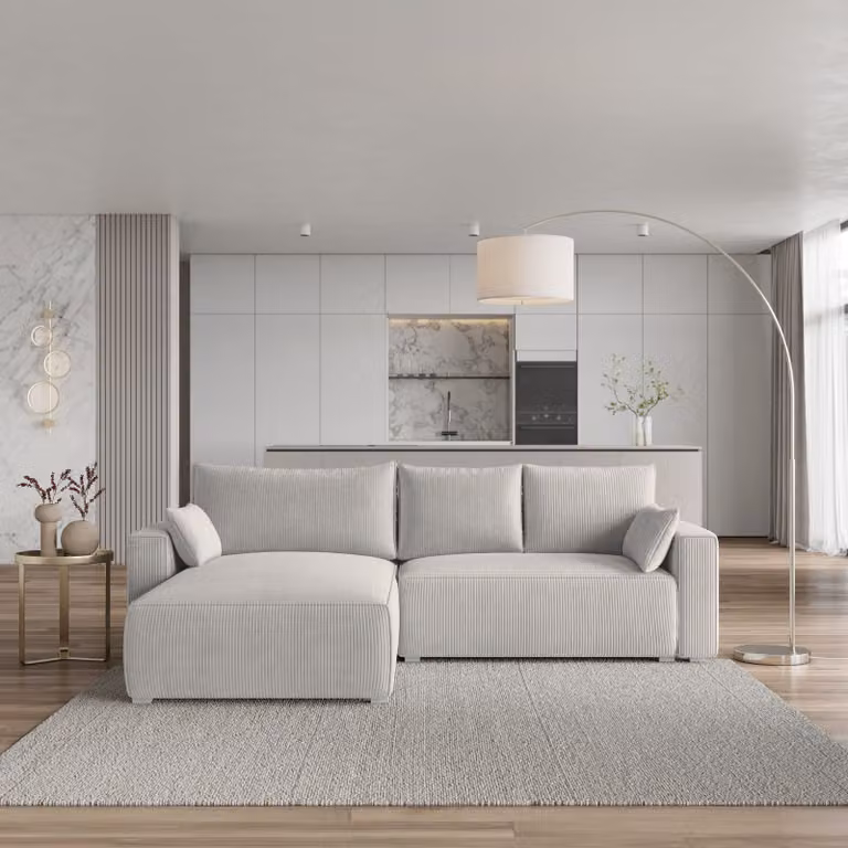 Divano angolare Masseno FORIL P con funzione letto a L, divano con box letto, divano da soggiorno, divano, divano, divano letto, set di divani - crema, POSO 100