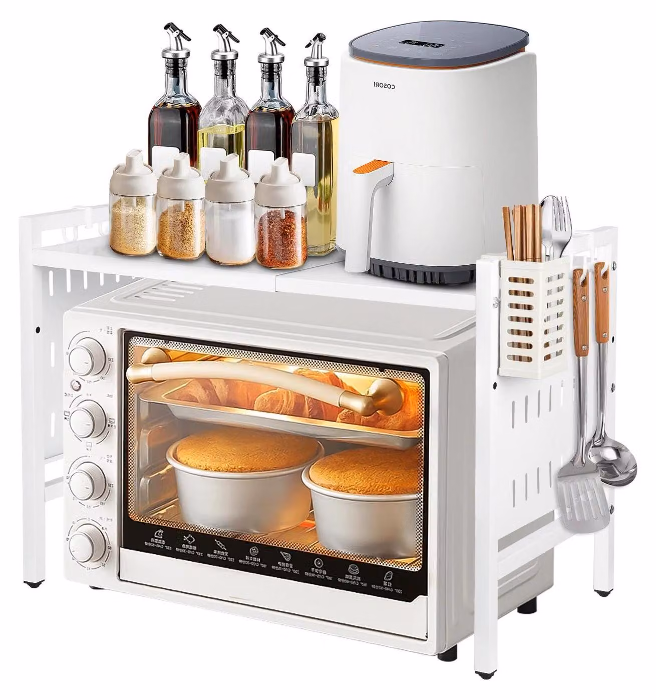 Ripiano per microonde - Scaffale estraibile da cucina a 2 livelli - Regolabile da 38 a 67 cm - Piano in metallo con 6 ganci - Organizzatore per piani di lavoro - Bianco