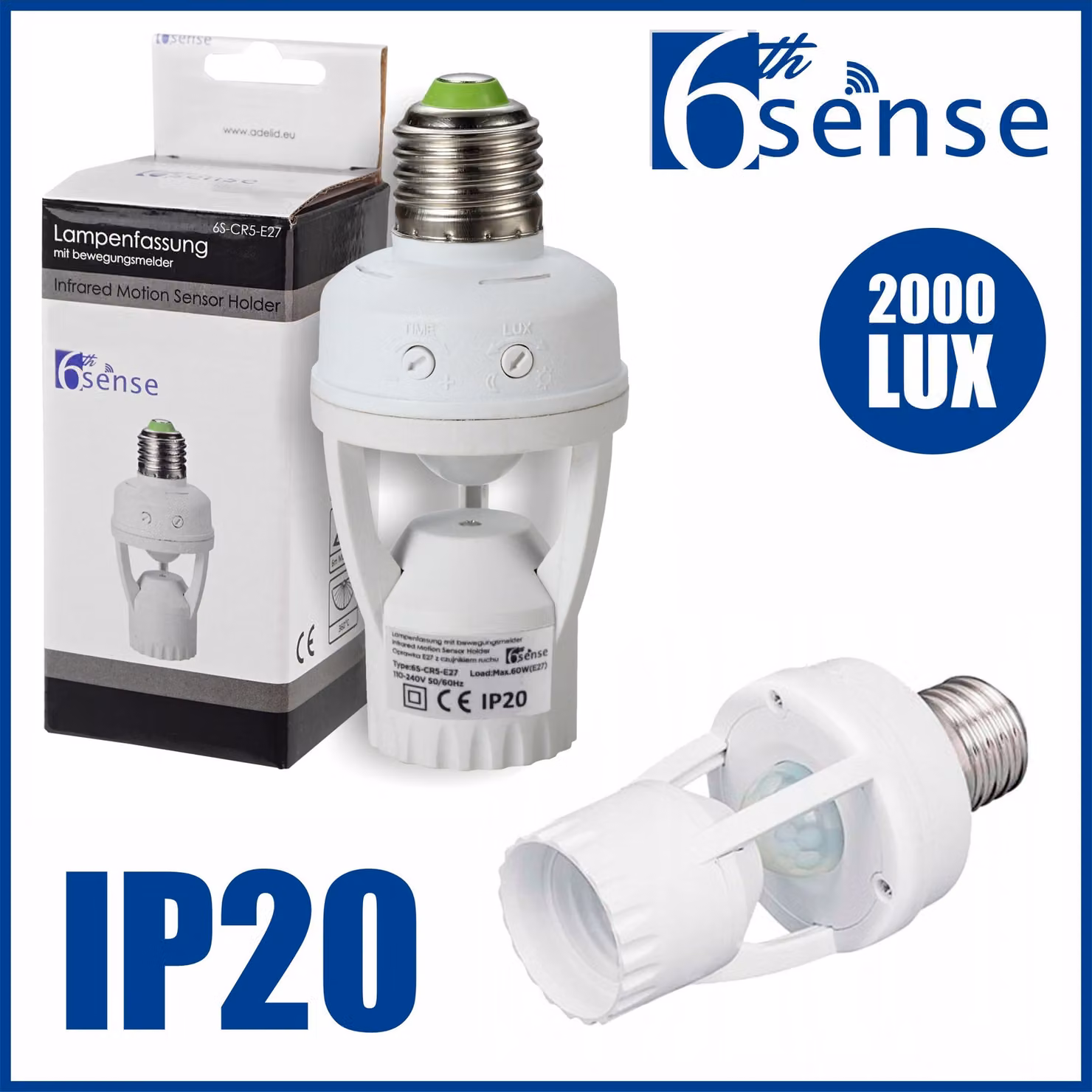 Sensore di movimento da incasso per lampade E27, montaggio a parete o soffitto, angolo di rilevamento 360°, portata 3-8 metri, tecnologia a infrarossi, LED