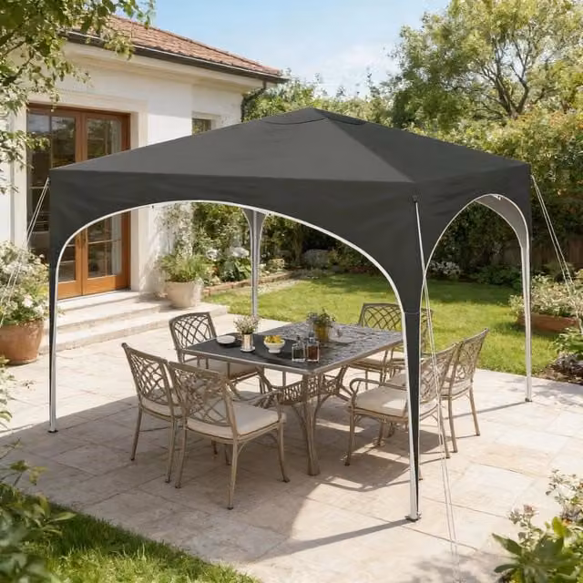 Gazebo da giardino pieghevole con altezza regolabile, protezione solare e antipioggia in metallo e Oxford grigio 3 × 3 m
