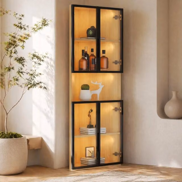 Vetrina angolare con LED 62 x 32 x 160 cm in MDF effetto rovere e vetro temperato