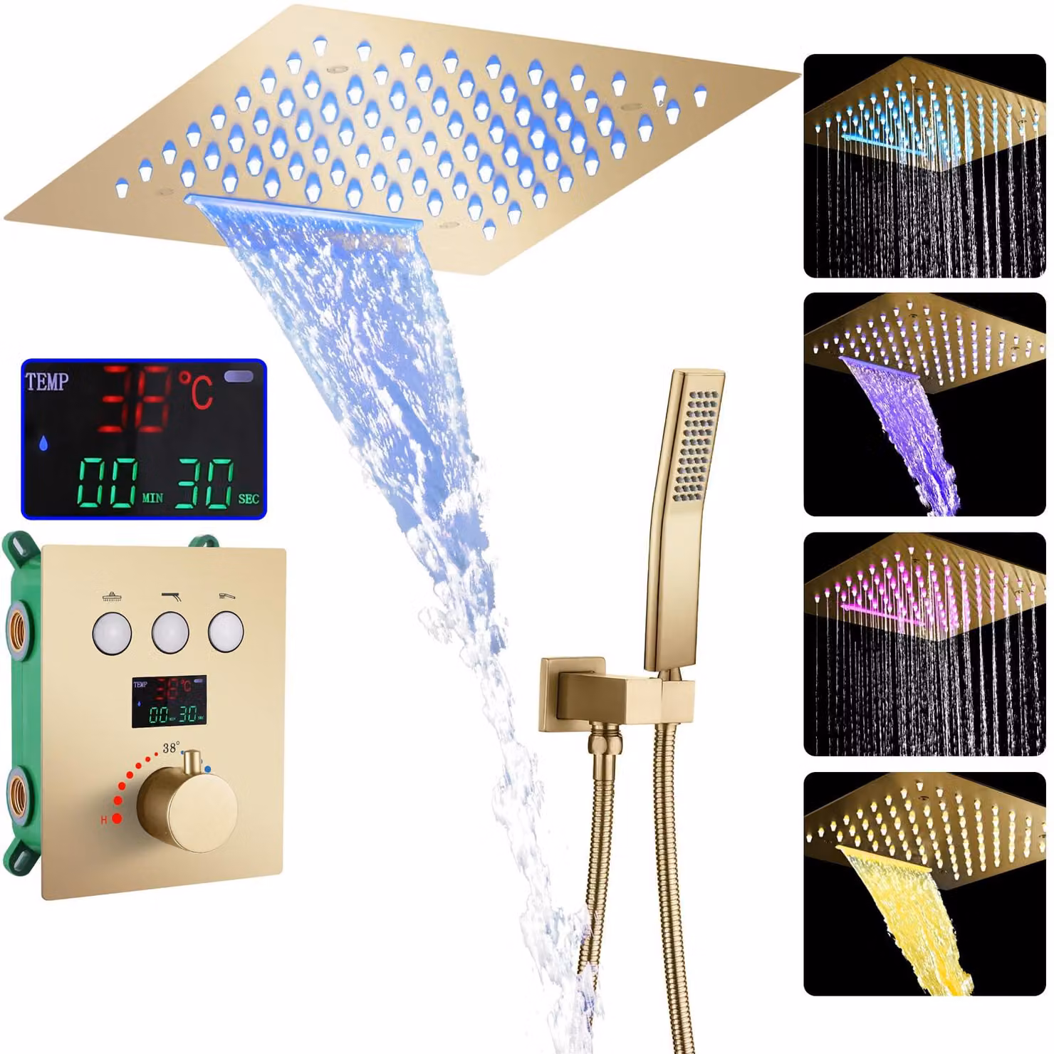 Sistema doccia con termostato, LED, doccia a pioggia, 30x30 cm, finitura oro