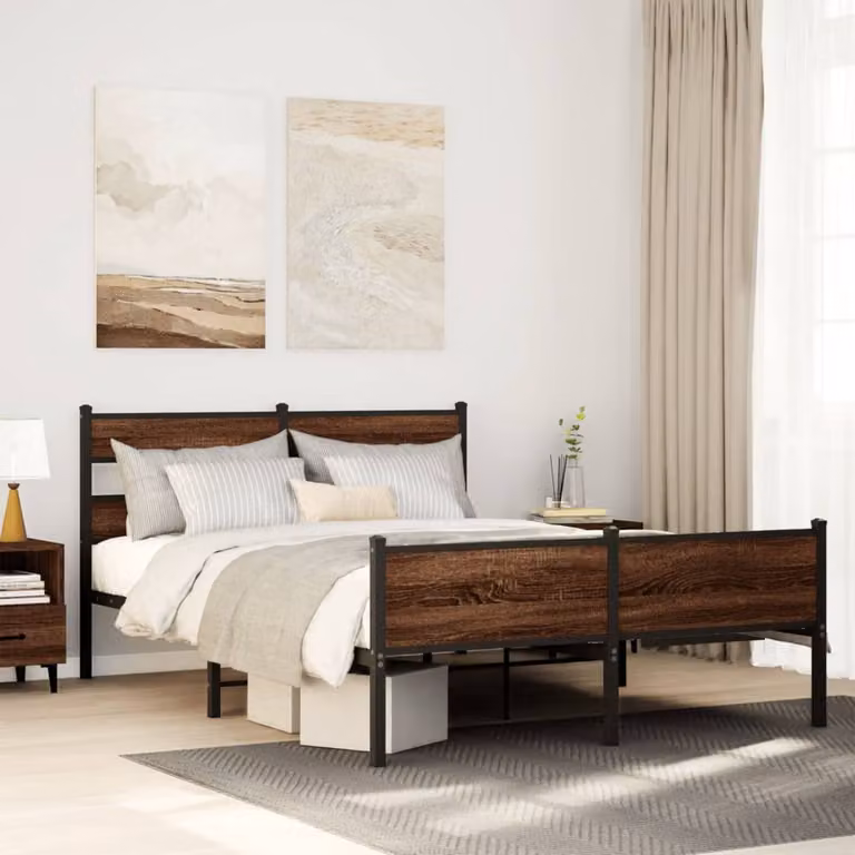 vidaXL Giroletto senza Materasso in Rovere Marrone con Telaio in Metallo e Doghe Fisse L/P: 140 x 200 cm