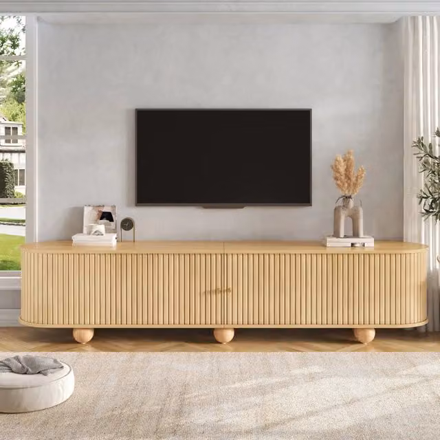 Mobile TV con ante scorrevoli a doghe 180x35x45 cm in MDF finitura naturale