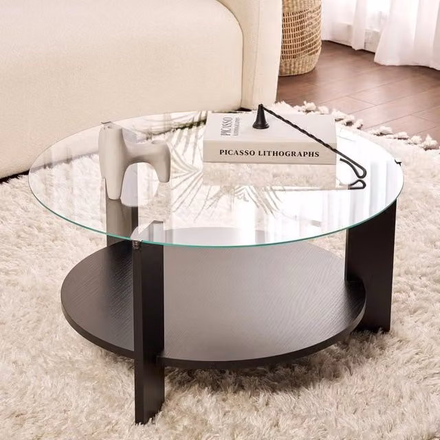 Tavolino da salotto rotondo DMORA nero con piano in vetro e struttura in legno L: 75 cm, P: 75 cm, H: 40 cm