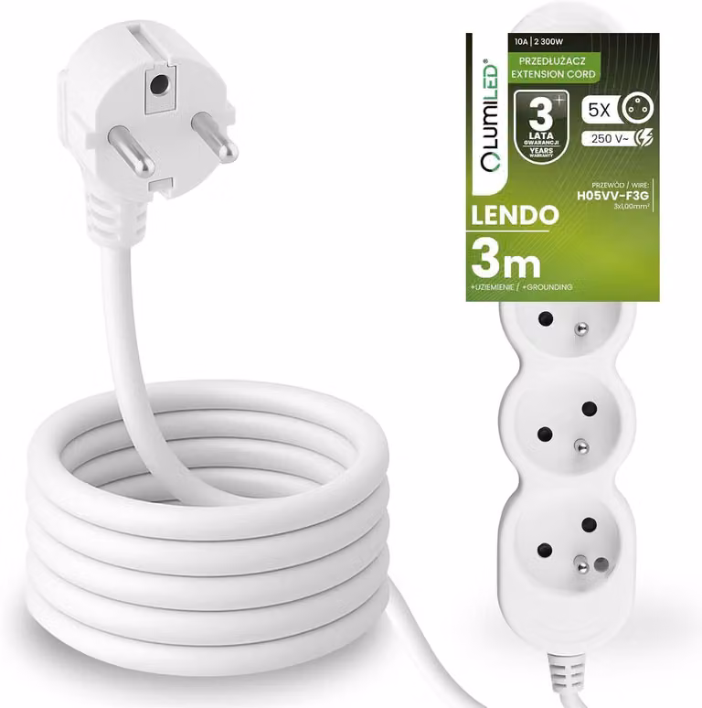 Presa multipla LUMILEDPresa di corrente a 5 pieghe tipo E, cavo da 3 m H05VV-F3G, bianco, presa multipla E spina 10A 2300W 250V IP20 staffa per sospensione