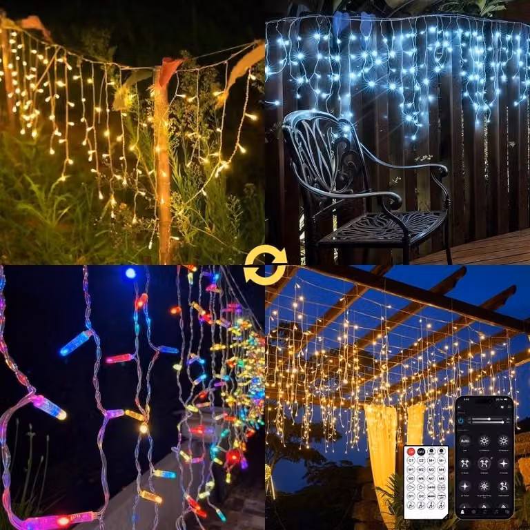 30m Luci di Natale per esterni, Tenda di luci LED per esterni in bianco caldo e bianco RGB, Catena di luci a ghiacciolo per esterni con telecomando e app, 17 modalità+4 livelli di luminosità+timer