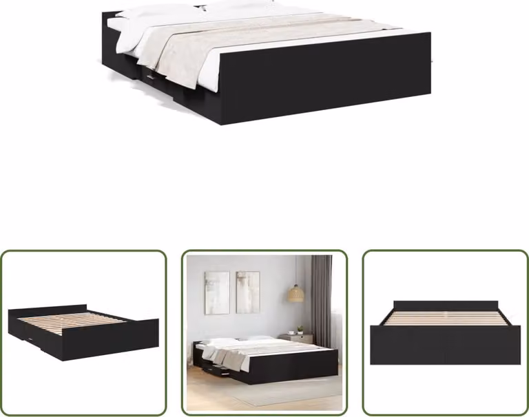 The Living Store Giroletto con cassetti nero 150x200 cm in materiale ligneo
