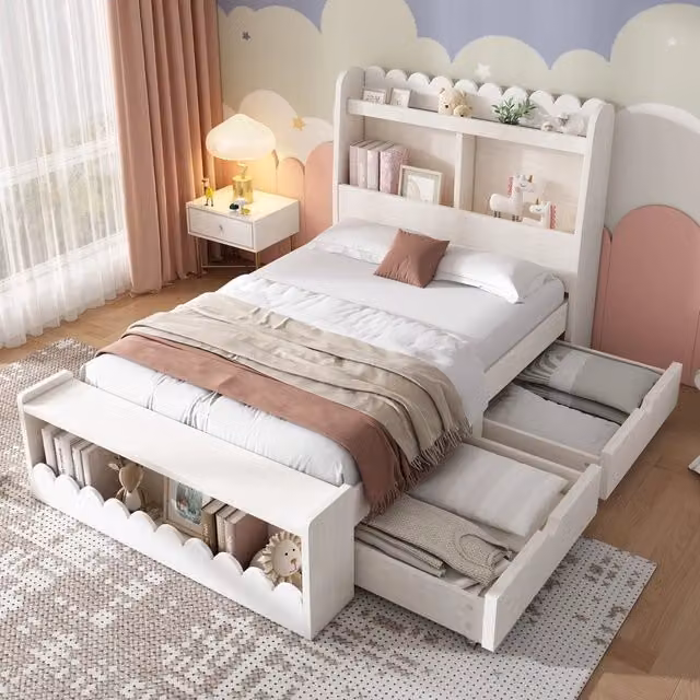 Letto singolo per bambini 90 × 190 cm con 2 cassetti, mensole e panca contenitore, senza materasso, bianco rovere