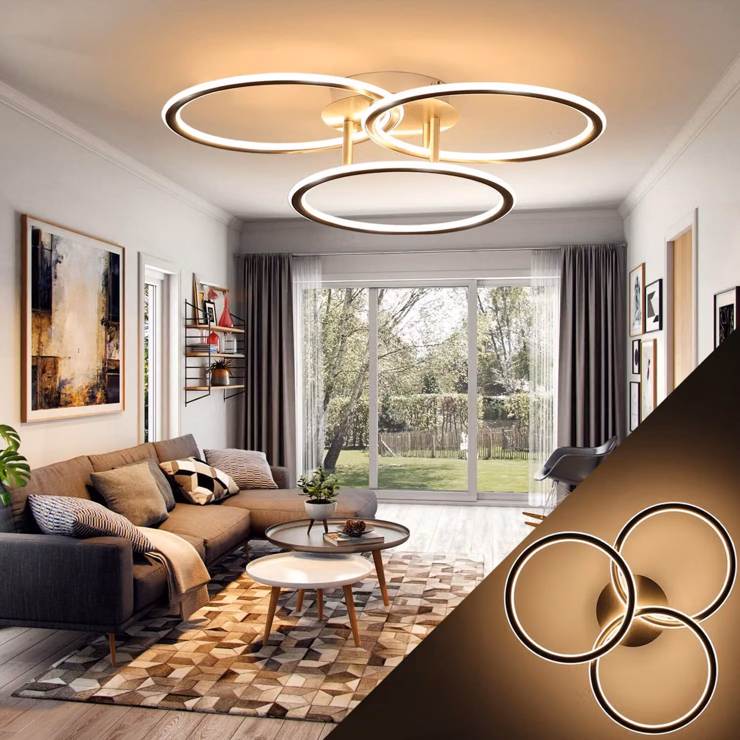 ZMH Lampada da soffitto a LED 41 W Soggiorno Design moderno ad anelli Luce bianca calda 3000K Lampada da camera da letto 3 lampadine