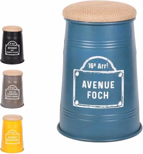 Set di 4 sgabelli pouf conici in stile industriale Meublorama, collezione PARIS, colori nero, giallo, grigio e blu