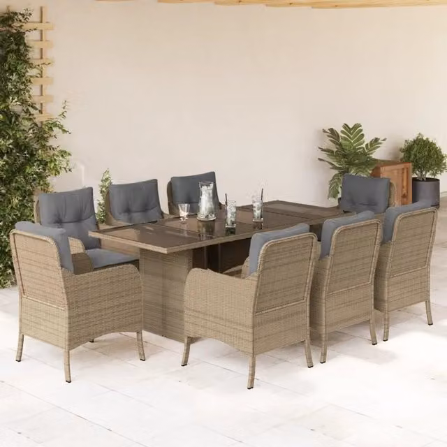 Set da pranzo da giardino vidaXL in polyrattan con cuscini beige e grigi e tavolo in vetro, 9 pezzi – 1