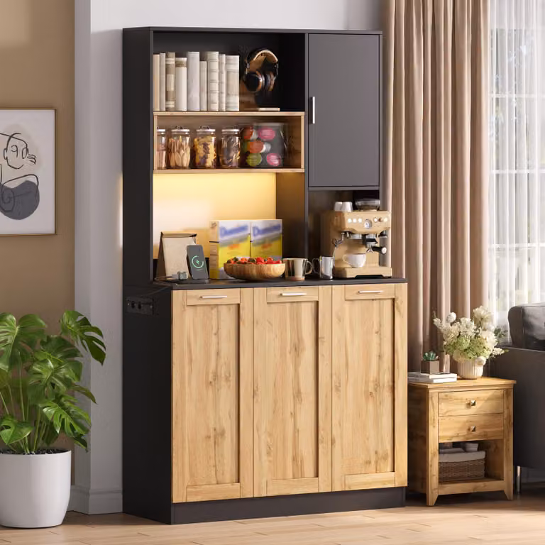 MODFU, armadio da cucina 100 x 40 x 180 cm, mobiletto alto multifunzione con spazio contenitivo, ideale come dispensa o mobile bar, dotato di illuminazione a LED e presa di corrente, finitura naturale e nera