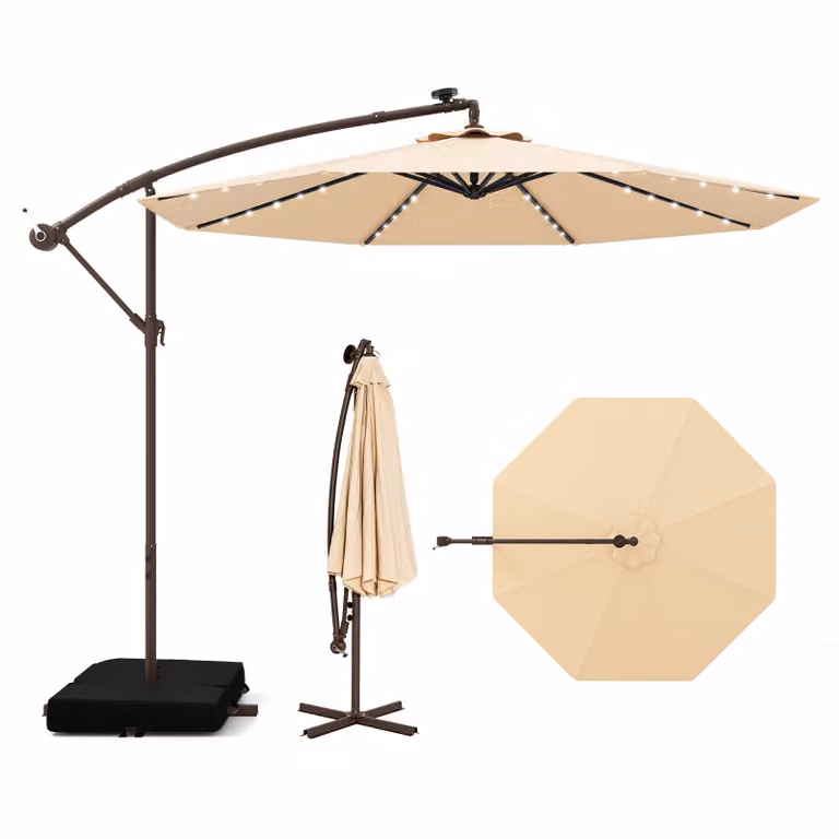 COSTWAY ombrellone a sbalzo con sacchi di sabbia, ombrellone Ø300cm con 40 LED solari e manovella, ombrellone da giardino protezione UV beige