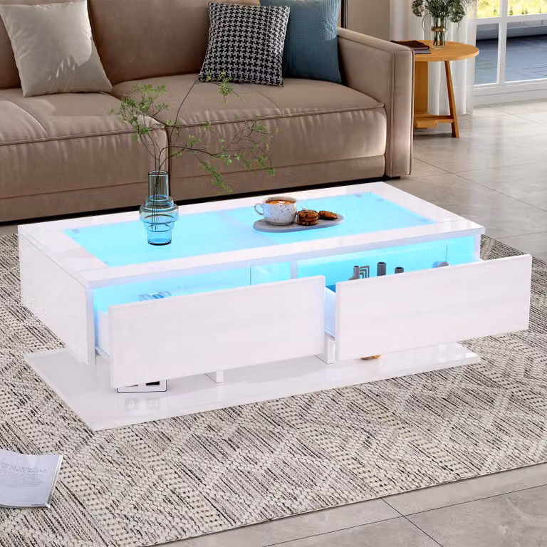 MODFU: Tavolino da conferenza lucido con illuminazione a LED, tavolino da salotto bianco con 2 cassetti, tavolino con piano in vetro