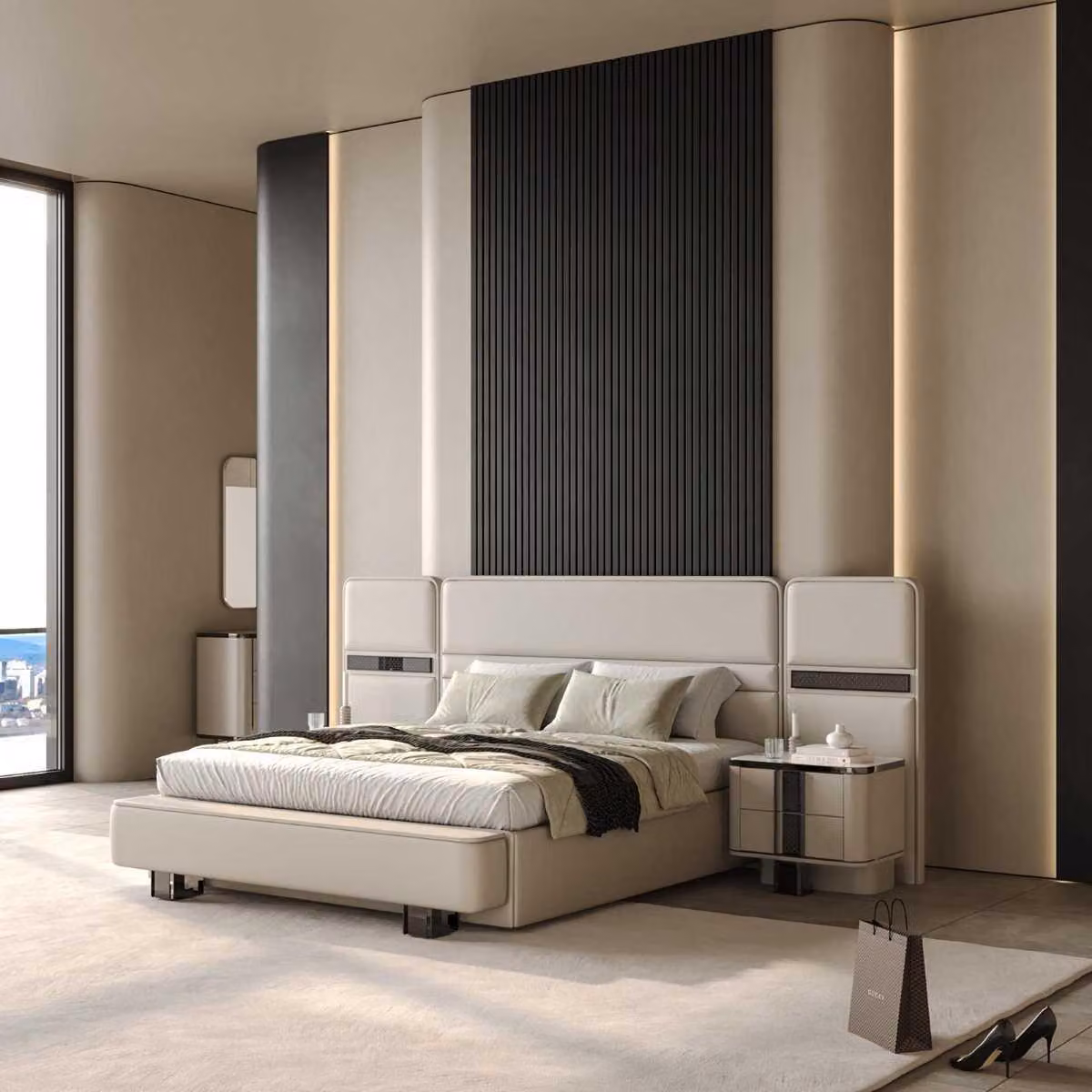 Designer Beige Schlafzimmergarnitur Polsterbett 2x Holz Nachttische