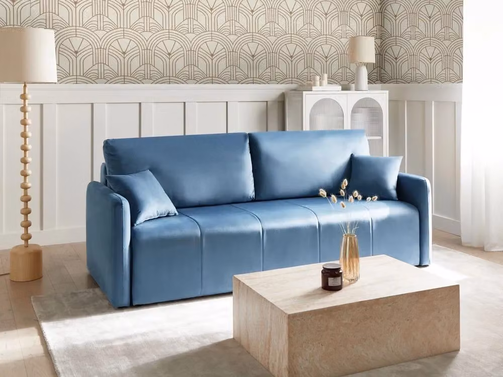 Divano moderno a 3 posti Beliani in velluto blu con funzione letto, cuscini decorativi e coperture rimovibili per il tuo soggiorno – 2